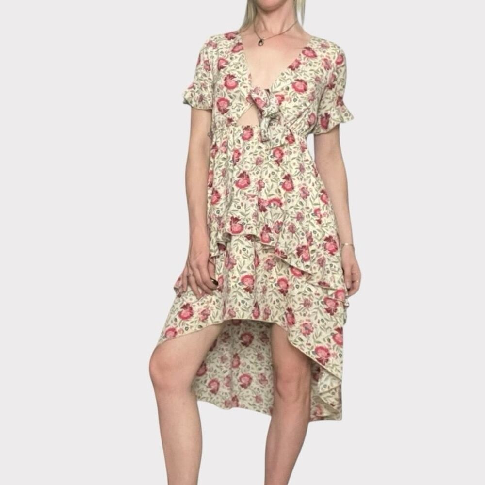 Nasty Gal Cream & Red Floral Hi-Low Tiered Cutout Tie Front Midi Dress
